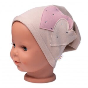 Dětská čepice bavlna, Srdíčka s kamínky, Baby Nellys, béžová
