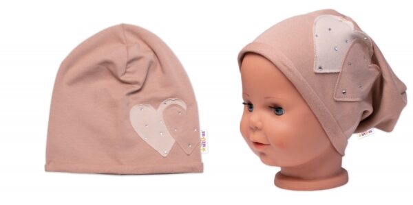 Dětská čepice bavlna, Srdíčka s kamínky, Baby Nellys, cappuccino, vel. 92/98 - Image 3