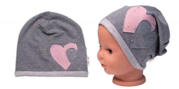 Dětská čepice bavlna, Srdíčka s kamínky, Baby Nellys, šedá - Image 2