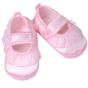 Kojenecké capáčky/botičky saténové s volánkem, Baby Nellys, růžové, vel. 62/68, 11,5 cm