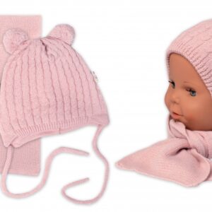 Zimní čepice na zavazování s bambulky + šál, Baby Nellys - pudrově růžová