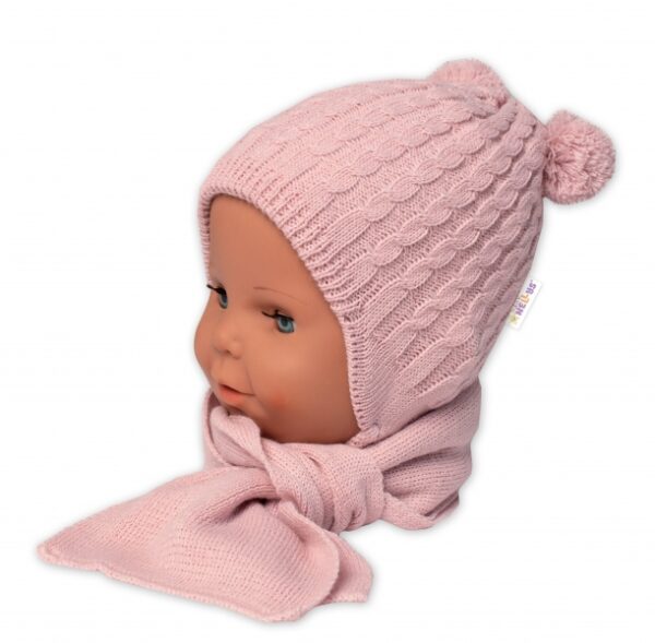 Zimní čepice na zavazování s bambulky + šál, Baby Nellys - pudrově růžová - Image 2