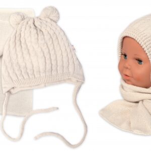Zimní čepice na zavazování s bambulky + šál, Baby Nellys - béžová