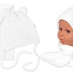 Zimní čepice na zavazování s bambulky + šál, Baby Nellys - bílá, vel. 62/68