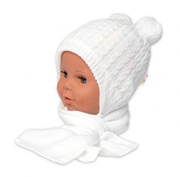 Zimní čepice na zavazování s bambulky + šál, Baby Nellys - bílá, vel. 62/68 - Image 2