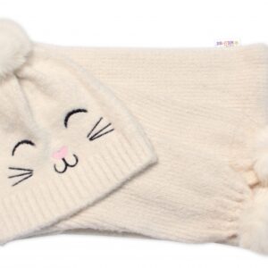 Zimní čepice s bambulí + šál, Kitty, Baby Nellys - smetanová, vel. 54/58