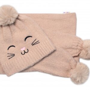Zimní čepice s bambulí + šál, Kitty, Baby Nellys - cappuccino, vel. 54/58