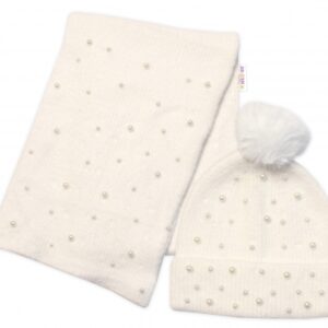 Zimní čepice s bambulí + šál, Pearls, Baby Nellys - smetanová, vel. 54/58