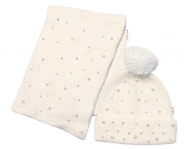 Zimní čepice s bambulí + šál, Pearls, Baby Nellys - smetanová, vel. 54/58