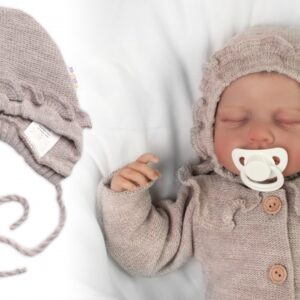 Pletená čepička na zavazování bonetka Girl, Hand Made Baby Nellys, béžová, vel. 68/74