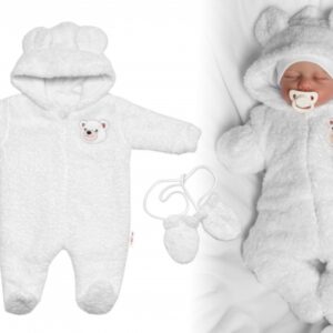 Chlupáčkový overal Luna s kapucí + rukavičky, Baby Nellys, Medvídek, bílý, vel. 74/80