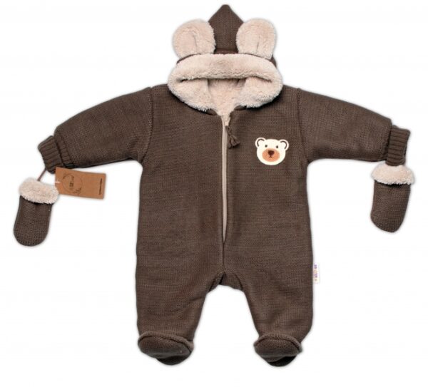 Oteplená pletená kombinéza s rukavičkama Teddy Bear, Baby Nellys, dvouvrstvá, hnědá,vel.68 - Image 2