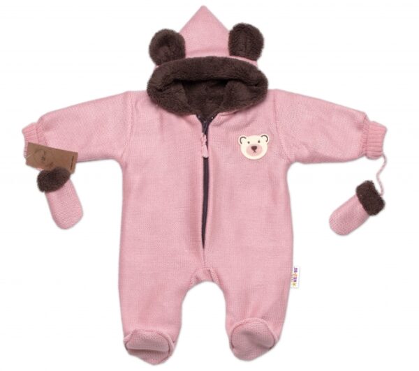 Oteplená pletená kombinéza s rukavičkama Teddy Bear, Baby Nellys, dvouvrstvá,růžová,vel.62 - Image 4