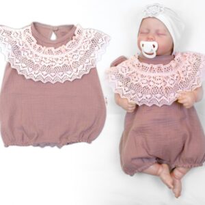 Body s nohavičkami, mušelín s krajkou BOHO - hnědorůžová, vel. 86