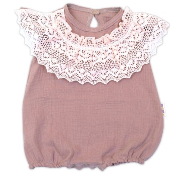 Body s nohavičkami, mušelín s krajkou BOHO - hnědorůžová, vel. 86 - Image 3