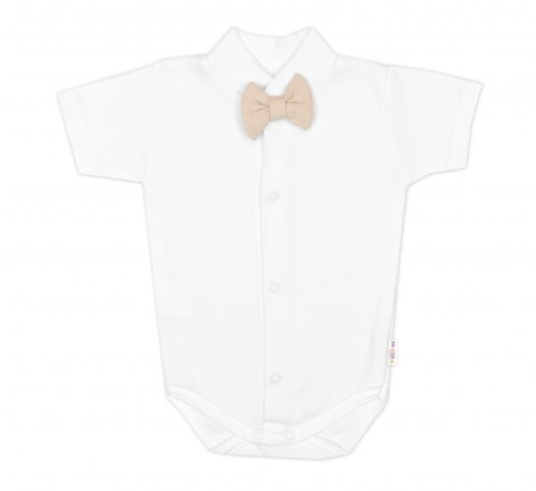 Bavlněná souprava Gentleman 3D, body kr. rukáv, polodupačky s láclem, čepička, béžová/bílá - Obrázek 4