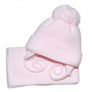 BABY NELLYS Zimní čepička se šálou - růžová s velkou bambulkou