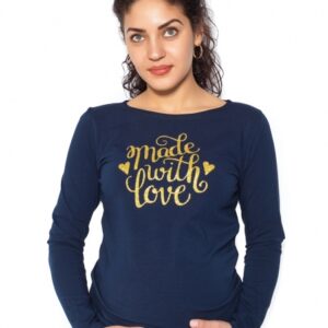 Be MaaMaa Těhotenské triko dlouhý rukáv Made with Love - tm. modrá - L