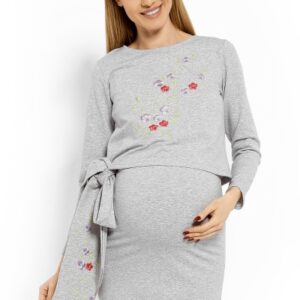 Be MaaMaa Elegantní těhotenské šaty, tunika s výšivkou a stuhou, L/XL - sv. šedé (kojící)