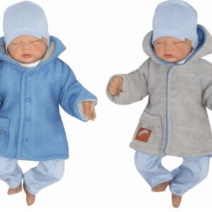 Z&Z Pletený, oboustranný svetřík, kabátek s kapucí, modro-šedý, vel. 68