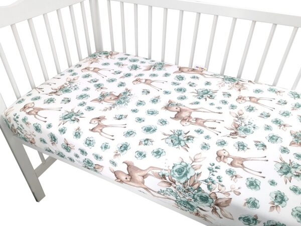 Baby Nellys Dětské bavlněné prostěradlo do postýlky, Srnka a růže - mátová - Image 2