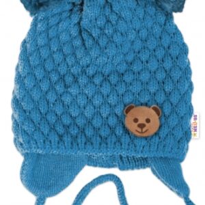 Zimní pletená čepice Teddy Bear na zavazování, modrá, 68/80, (6-12m)