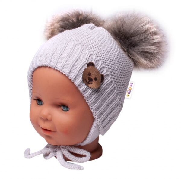Dětská zimní čepice s fleecem Teddy Bear - chlupáčk. bambulky - sv. šedá, šedá,BABY NELLYS - Obrázek 2