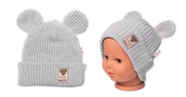 Pletená bavlněná čepice s oušky, dvouvrstvá, Hand Made Baby Nellys, šedá - Image 3