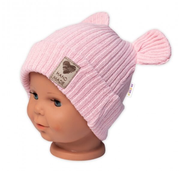 Pletená bavlněná čepice s oušky, dvouvrstvá, Hand Made Baby Nellys, růžová, vel. 80/86 - Image 3