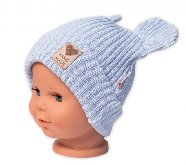 Pletená bavlněná čepice s oušky, dvouvrstvá, Hand Made Baby Nellys, modrá, vel. 68/74 - Image 3