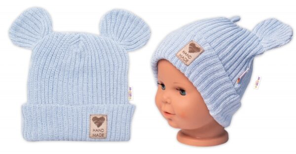 Pletená bavlněná čepice s oušky, dvouvrstvá, Hand Made Baby Nellys, modrá, vel. 68/74 - Image 4