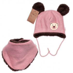 Pletená zimní čepice s kožíškem a šátkem Teddy Bear, Baby Nellys, růžová, vel. 80/86