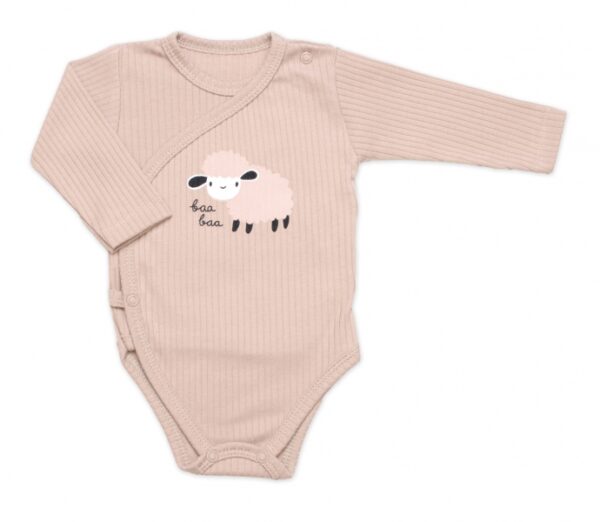 Zavinovací, žebrované kojenecké body + polodupačky Ovečka 2D, béžová - Image 3