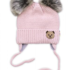 Dětská zimní čepice s fleecem Teddy Bear - chlupáčk. bambulky - pudrově růžová