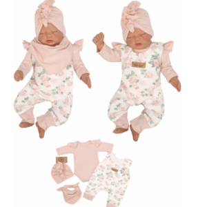 Z&Z 4-dílná soupravička body, láclové kalhoty, čepička + šátek - starorůžová, vel. 62
