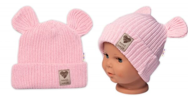 Pletená bavlněná čepice s oušky, dvouvrstvá, Hand Made Baby Nellys, růžová - Obrázek 3