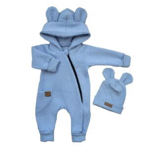 Oteplený dětský overal bez šlapek s kapucí + čepička, 2D, modrý, vel. 62