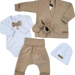 Bavlněná sada, body, kalhoty, motýlek a čepice Elegant Boy 5D, Kazum, mocca/bílá, vel. 62