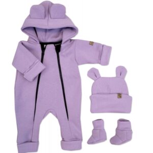 Oteplený dětský overal bez šlapek s kapucí, čepička + botičky, 3D, Kazum, lila, vel. 86