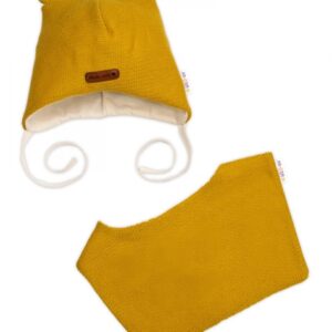 Pletená čepice s bavlněnou podšívkou a šátkem 2v1, Teddy Hand made - hořčicová, 80/86