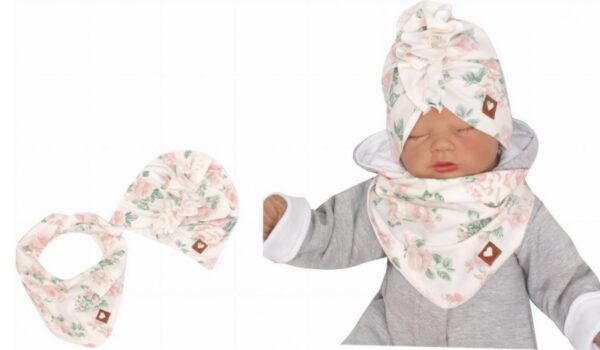 Z&Z Stylová dětská jarní/podzimní bavlněná čepice, turban s šátkem, kytky, vel. 68/80