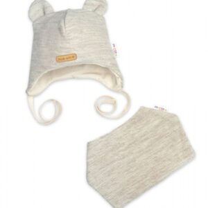 Pletená čepice s bavlněnou podšívkou a šátkem 2v1, Teddy Hand made - světle béžová