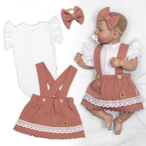 3D sada LADY, bavlna, body kr. rukáv, suknička s láclem, čelenka, starorůžová/bílá
