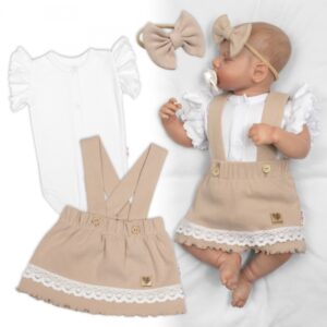 3D sada LADY, bavlna, body kr. rukáv, suknička s láclem, čelenka, béžová/bílá